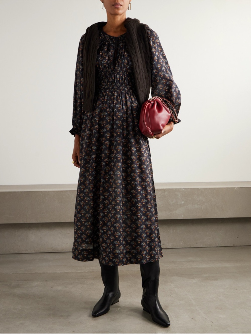 DOEN Smocked Waist Floral Midi Dress in Black - Picture 2 of 4